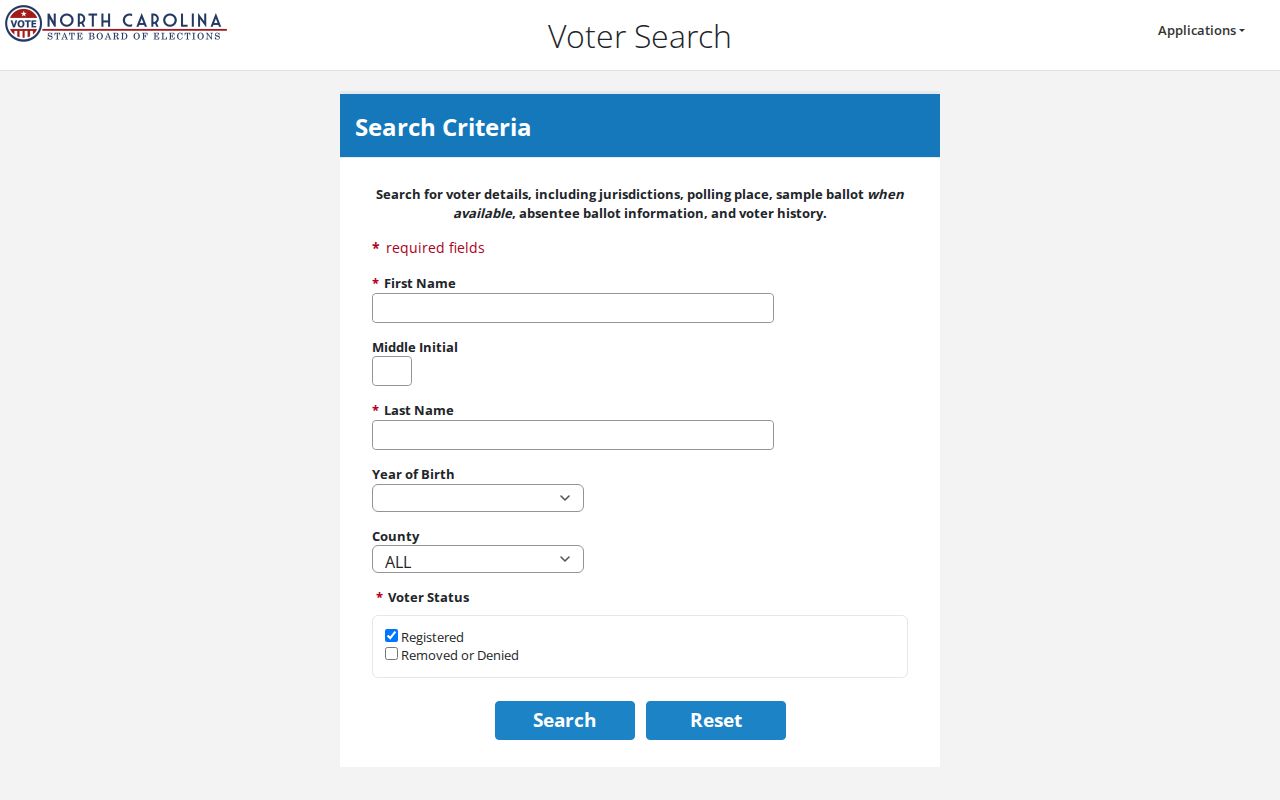 Asheville voter registration search fields in the North Carolina voter lookup